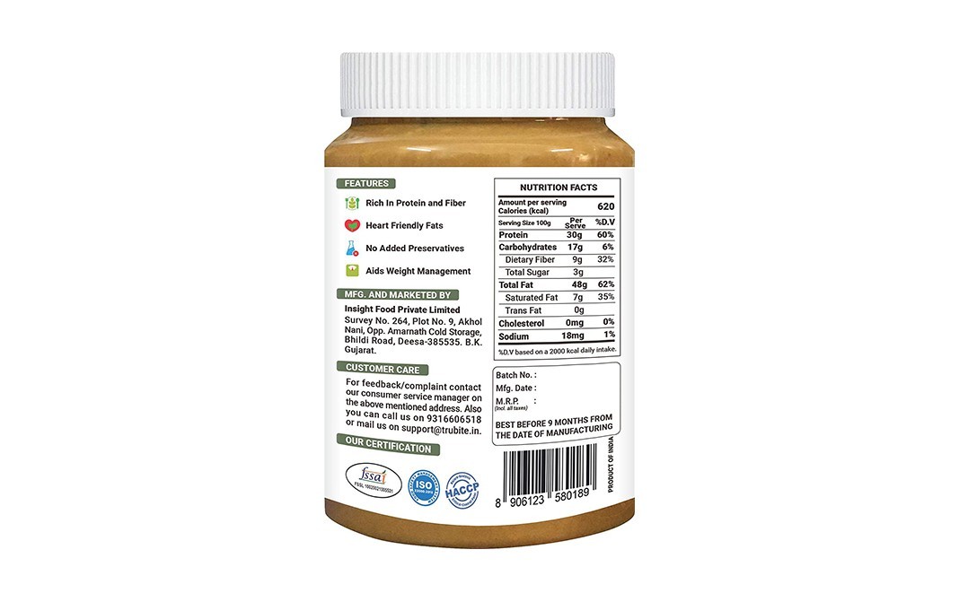 Trubite Natural Peanut Butter Crunchy Unsweetened   Plastic Jar  1 kilogram